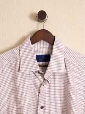 David Donahue XL White & Burgundy Windowpane Dress Shirt